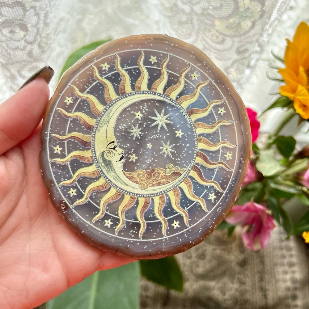 Celestial Sun and Moon Agate Crystal Disk w/ Stand